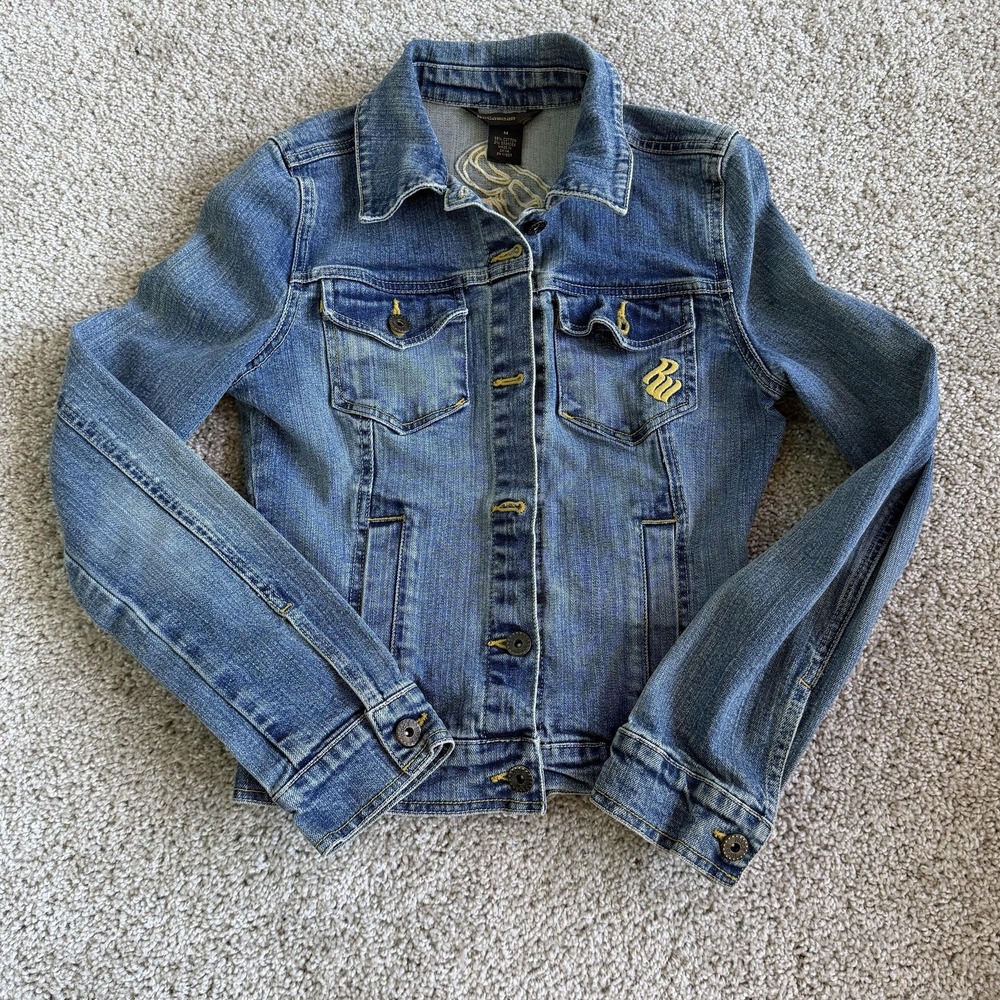 Y2K Rocawear Jacket Womens Medium Denim Embroidered Logo Hip Hop Back Graphic